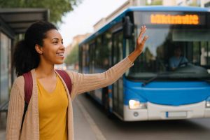 Mulher acena para onibus depois que empresa entende como contratar Ticket Transporte