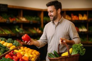 Homem compra vegetais em hortifruti demonstrando alimentação consciente para funcionários