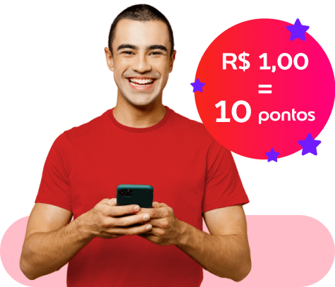 Homem sorrindo ao lado de ilustração explicando a lógica de troca de reais para pontos do ticket presente digital, sendo R$ 1 igual a 20 pontos.