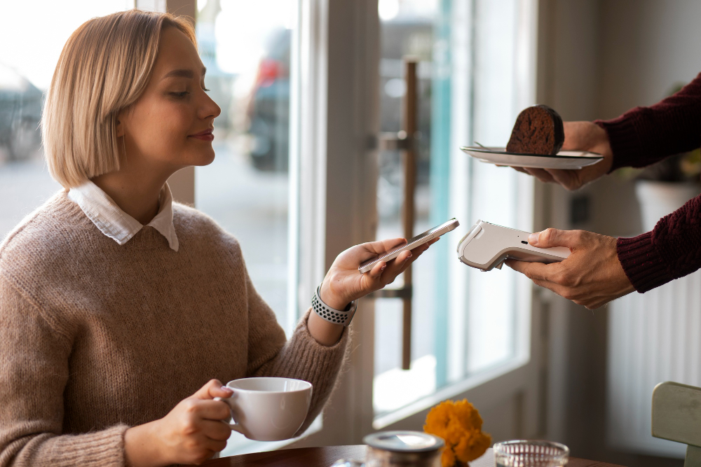 mulher pagando almoço com pagamento por aproximação