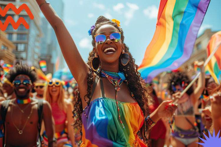 mulher usando as cores do arco-íris celebra o dia do orgulho LGBTQIAP+