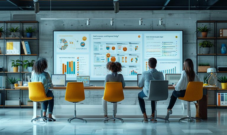 equipe observa um painel gigante que mostra o portal do colaborador