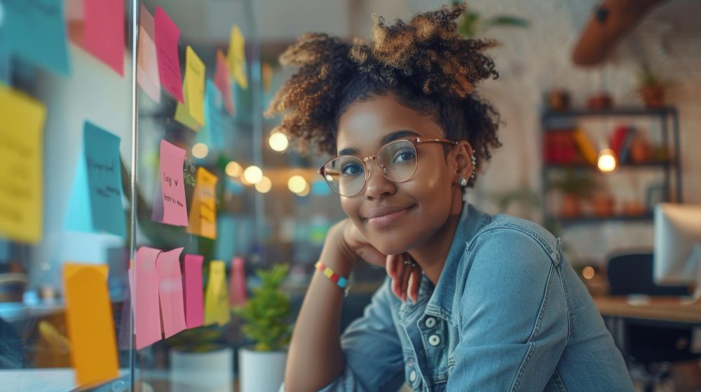 mulher jovem ao lado de mesa de trabalho com post-its na parede simboliza produtividade
