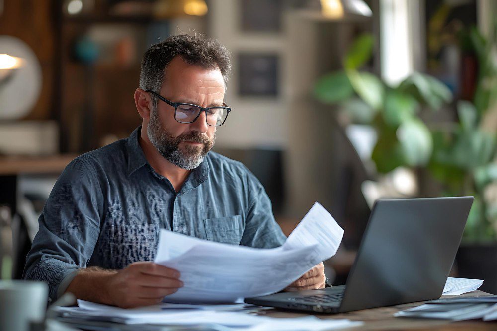 homem realiza rotinas contábeis em seu escritório