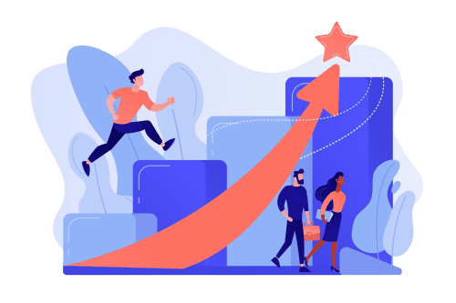 ilustração de pessoas subindo degraus e setas simboliza processo de roadmap