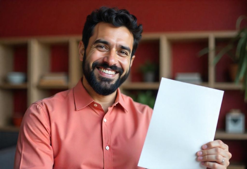 homem sorridente segurando a lista de habilidades no currículo