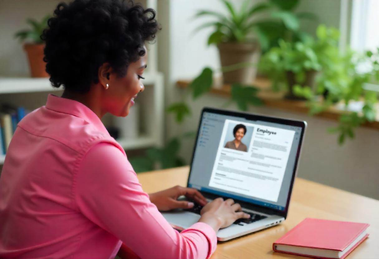 Mulher atualiza a ficha de registro empregado em seu computador