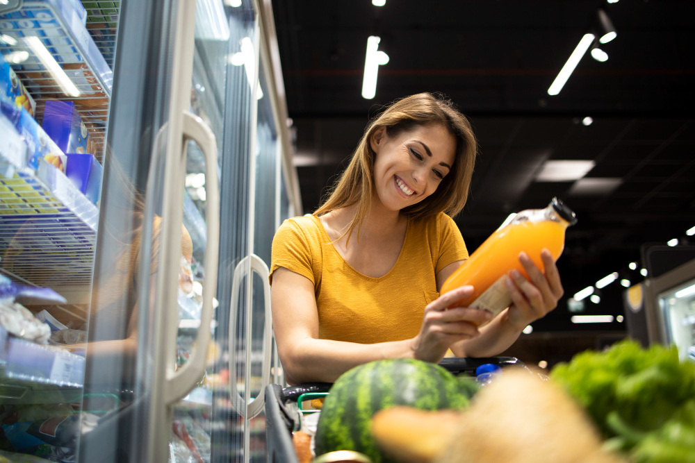 mulher colocando produtos em um carrinho no supermercado com vale alimentação