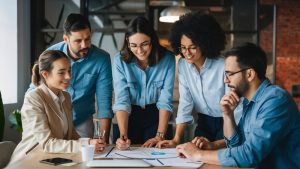 Colaboradores analisam papeis sobre uma mesa com rosto animado simbolizando satisfação pela jornada da semana espanhola