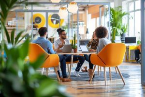 Quatro colaboradores sentados em cadeiras laranja planejam a semana espanhola