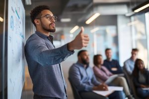 Em uma sala de reuniões, jovem empresário faz uma apresentação para seus colegas