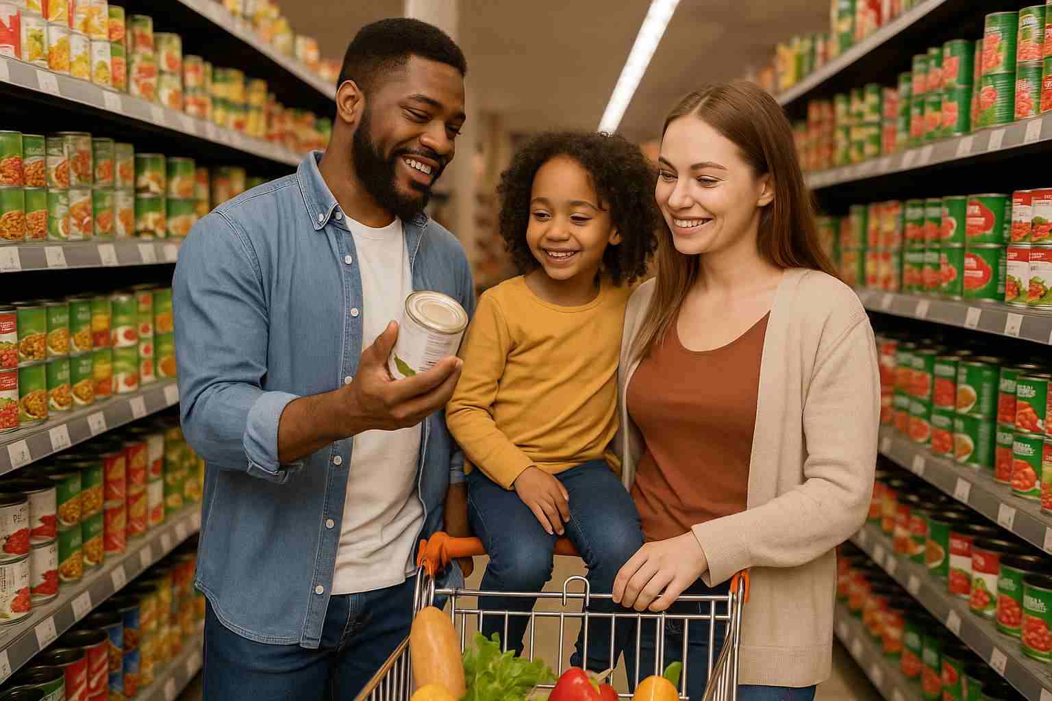 casal com filha faz compra em supermercado, aproveitando vantagens de oferecer ticket alimentação