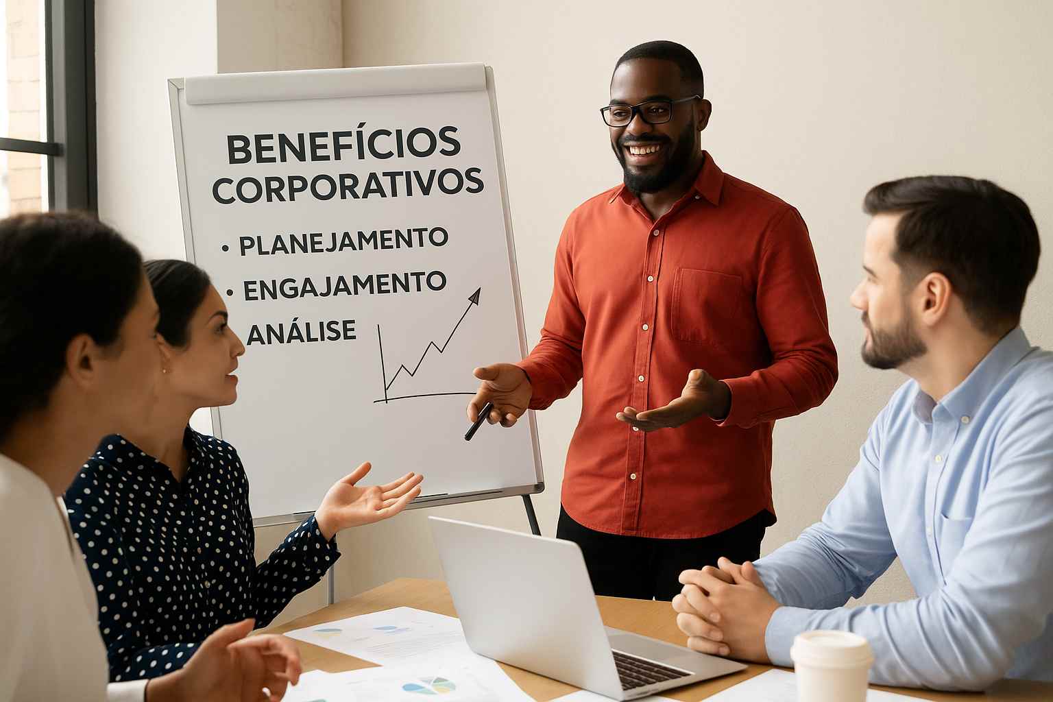 equipe reunida em sala de reunião faz gestão de benefícios corporativos