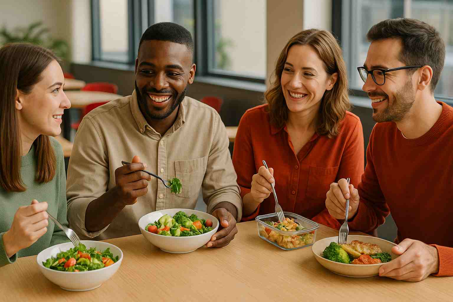 colegas comendo salada e aplicando psicologia da alimentação no ambiente de trabalho