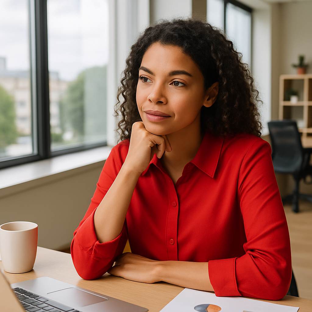 Colaboradora sentada à mesa de trabalho com copo de café recebe Ticket para funcionários