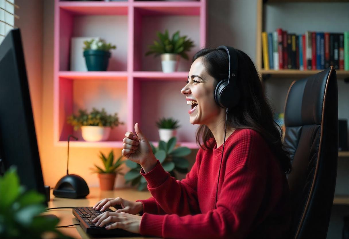 mulher com expressão animada faz treinamento gameficado online na empresa