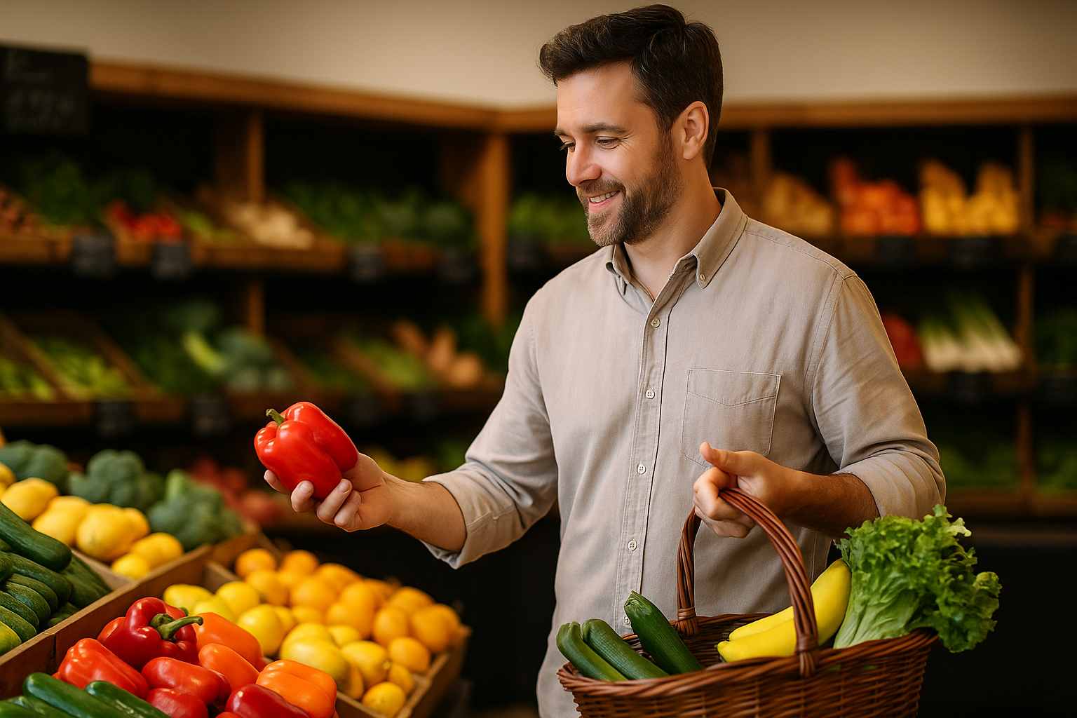 homem escolhe legumes no supermercado e pratica alimentação consciente para funcionários