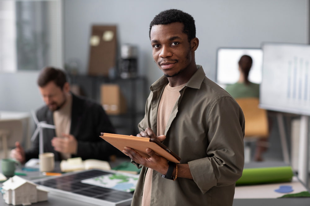 colaborador negro olha para frente enquanto manuseia um tablet.