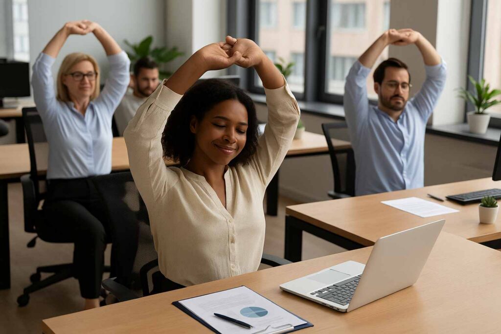 equipe faz fginástica laboral para estimular saúde mental no ambiente corporativo