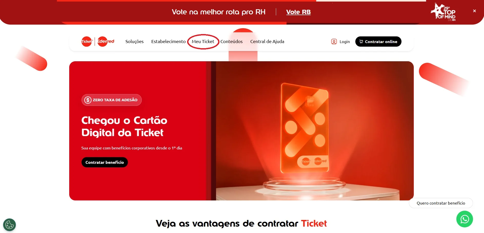 tela inicial do site com acesso para meu ticket