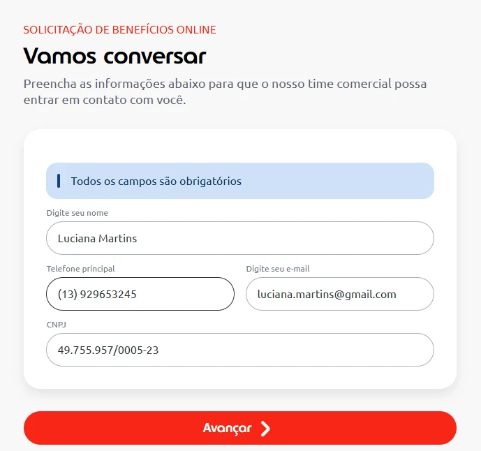 tela de contato comercial presente perfeito