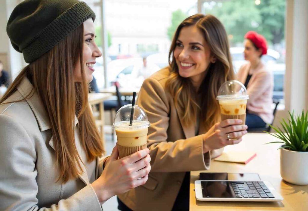 duas mulheres tomam café em cafeteria usando vale-refeição em Curitiba