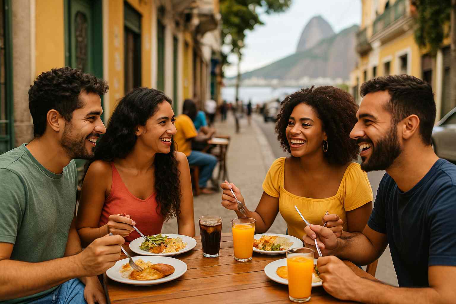 colaboradores almoçam em restaurante na calçada usando vale-refeição no Rio de Janeiro