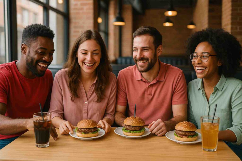 quatro colaboradores comem hambúrgueres em restaurante aproveitando as vantagens de oferecer vale-restaurante