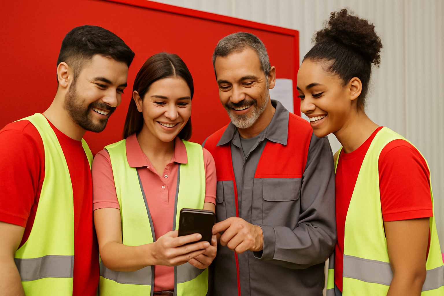 equipe usando epis olha para celular animada após implantação de programa de benefícios