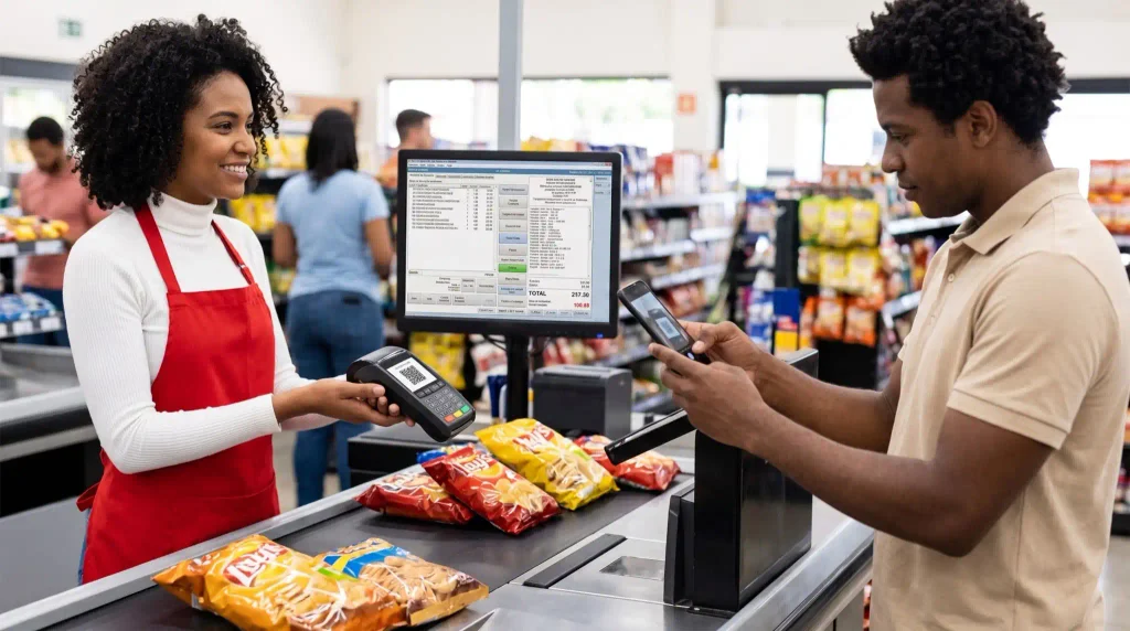 mulher recebe pagamento de compras de supermercado com qr code