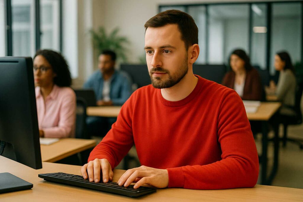 homem no computador busca melhores softwares de gestão de benefícios