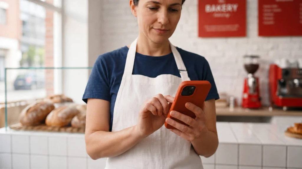 padeira confere informações no celular