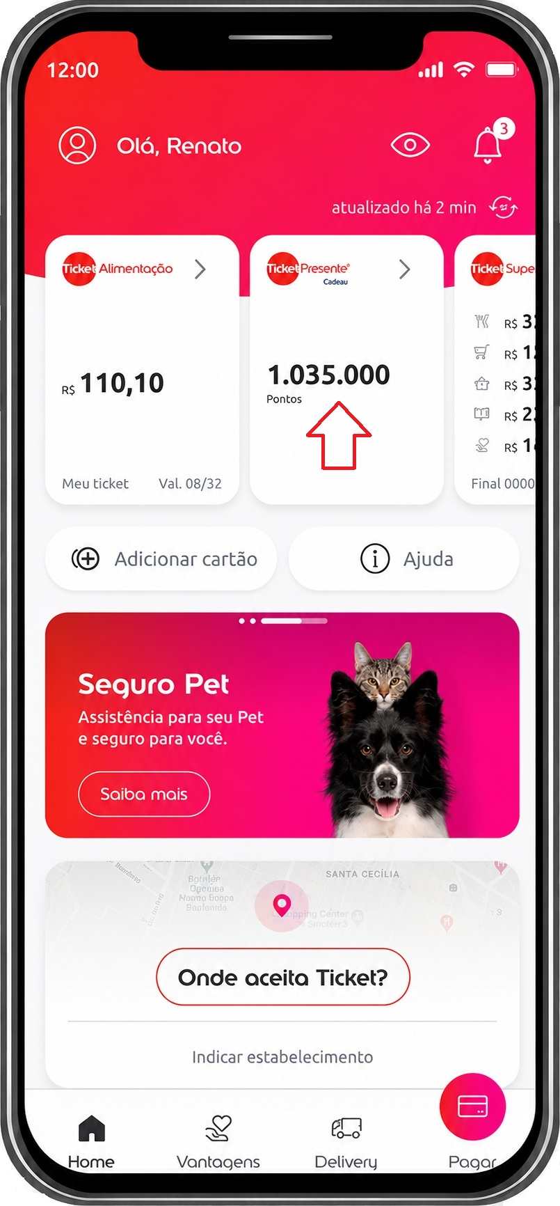 home do app com saldo de pontos do do Ticket Presente Digital