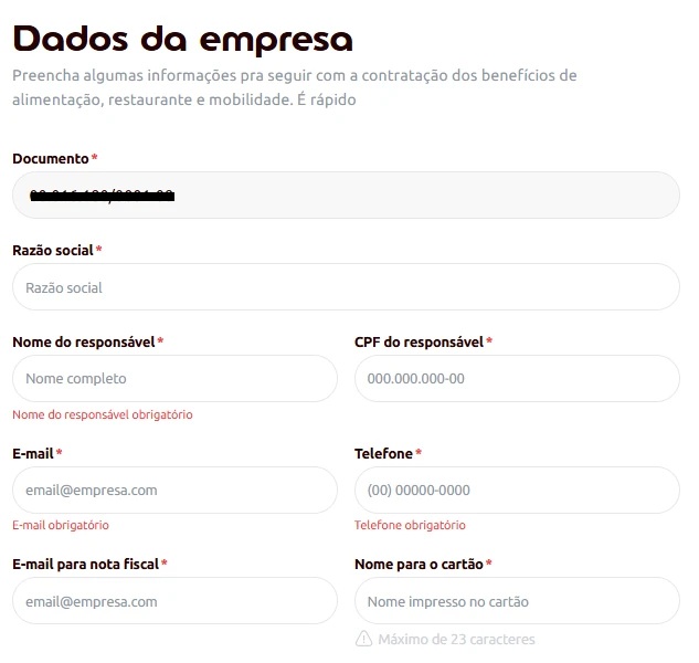 tela de cadastro empresa contratação online