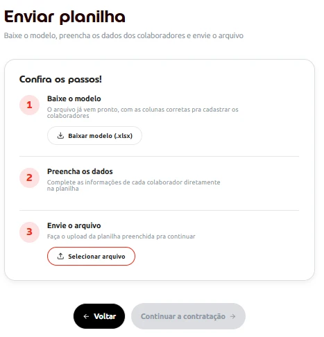 tela de como cadastrar os colaboradores na contratação online por planilha