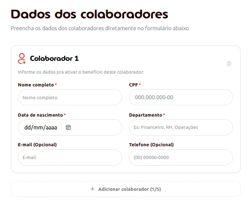 tela de como cadastrar colaboradores manualmente