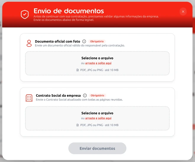 tela de envio de documentos contratação online