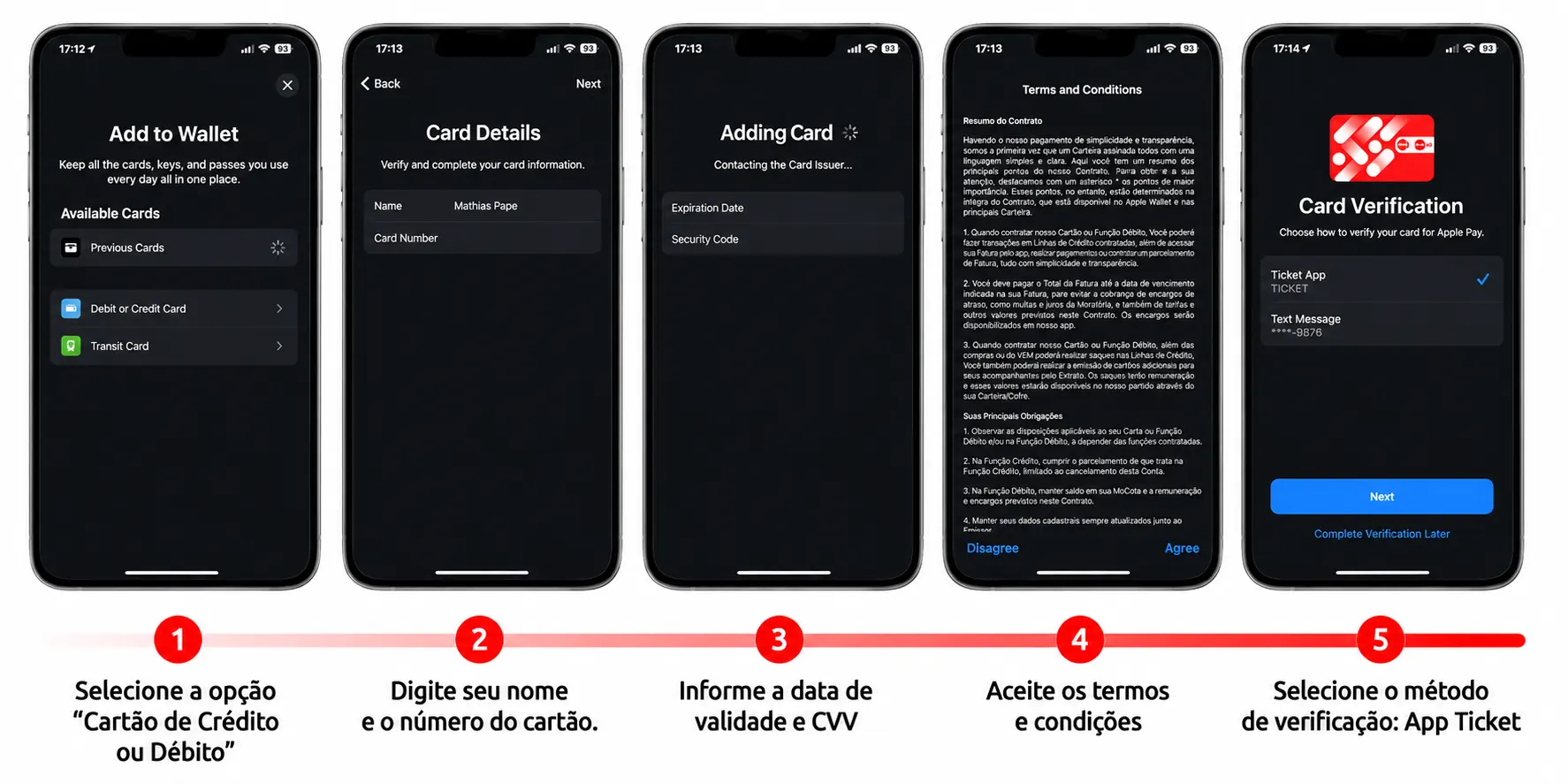 telas de passo a passo pra inclusão do cartão digital na app store