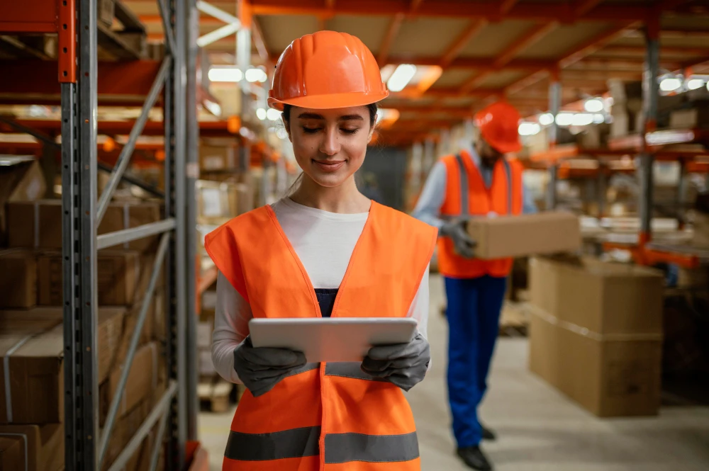 mulher de capacete e equipamentos de segurança do trabalho sobre checklist adequação NR-1