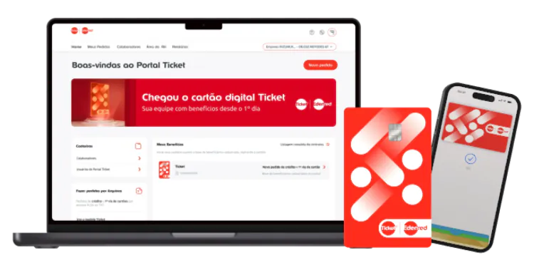 Portal Ticket no notebook, cartão Ticket e app no celular