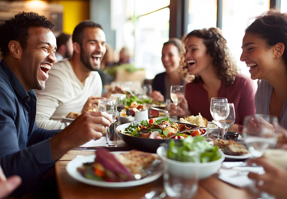 pessoas conversam em restaurante após descobrir lugares que aceitam vale-refeição